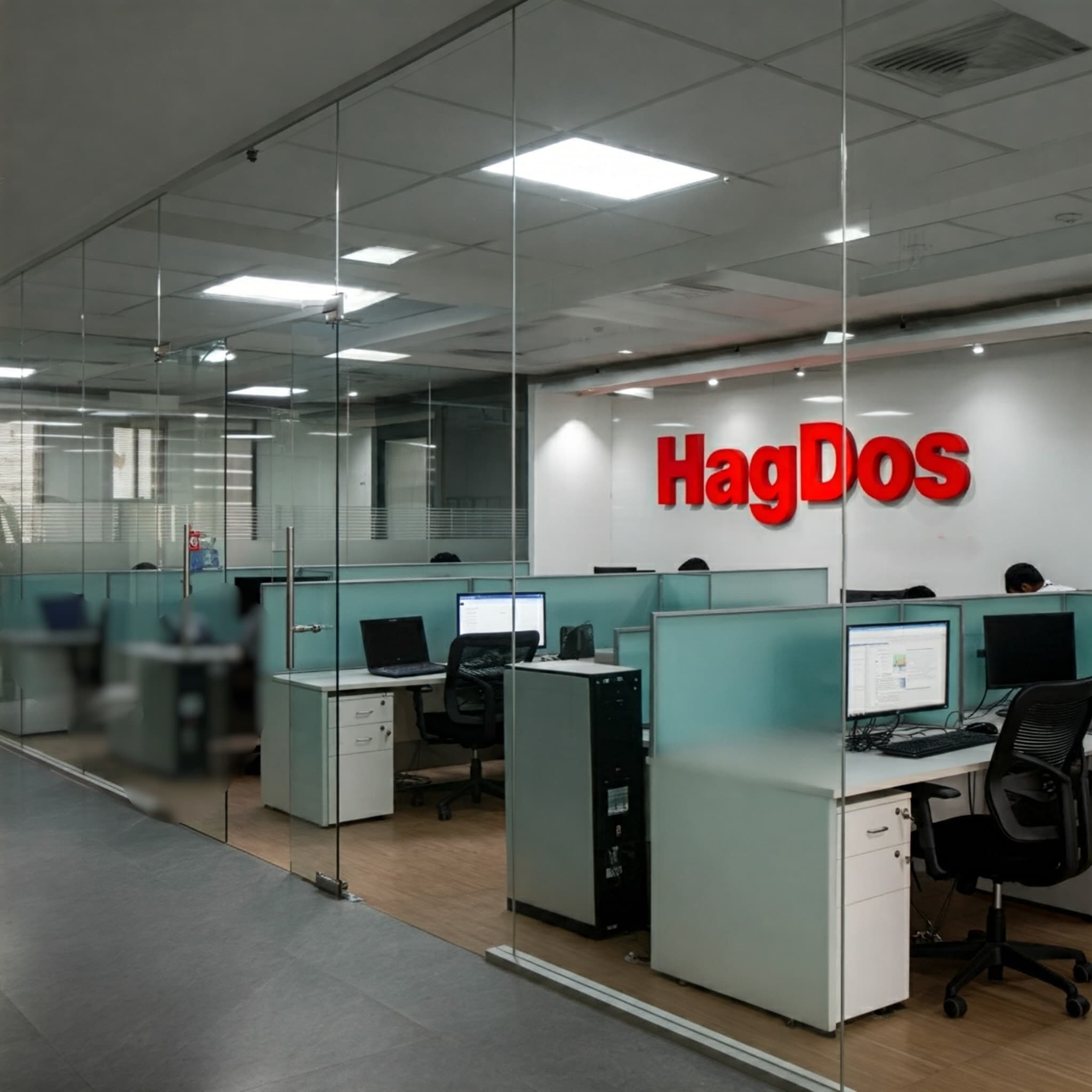 A futuristic office space with digital screens displaying technology symbols and data visualizations A futuristic office space with digital screens displaying technology symbols and data visualizations